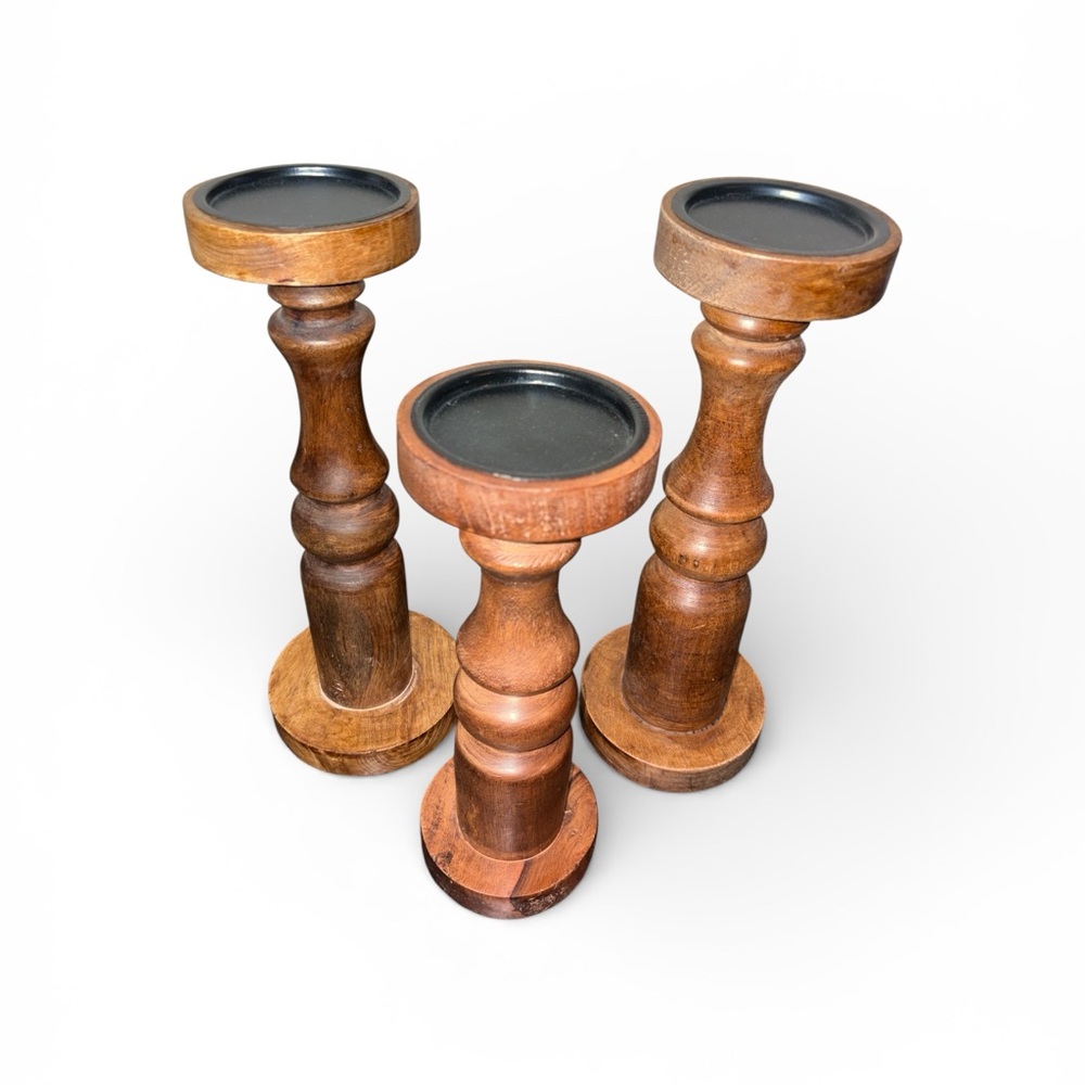 Set of 3 Wooden Pillar Candle Holders Decorative Brown Natural Finish decor - Picture 2 of 7